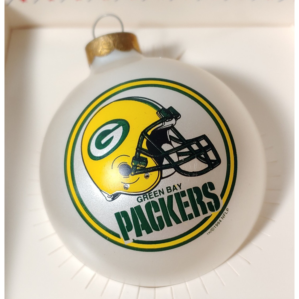 Green Bay Packers Christmas Ornament NFL Football White Glass Original Box